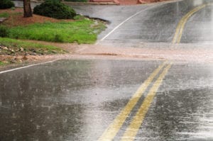 Two lane road in the rain